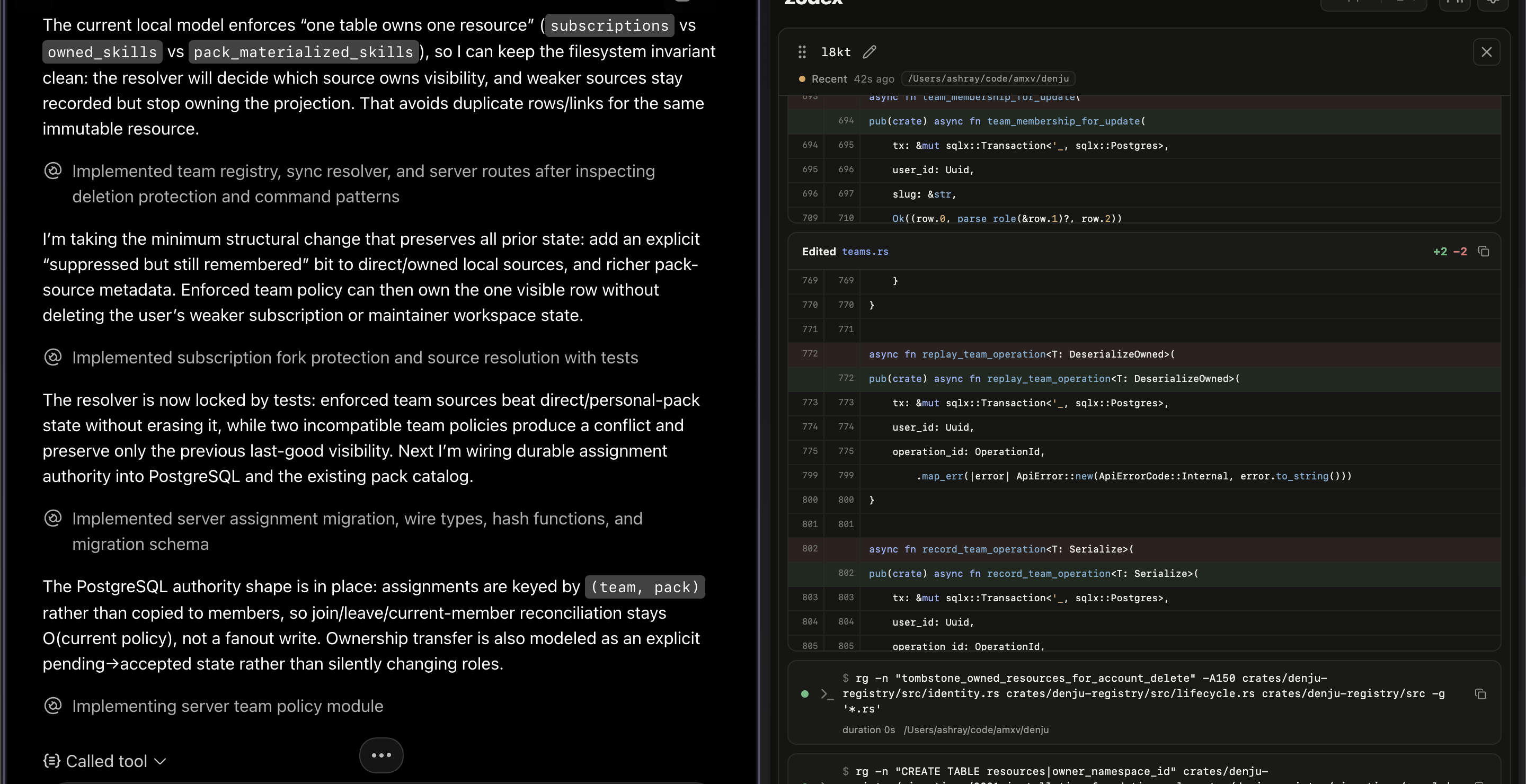 ChatGPT coding on a Mac through Zodex Local beside the Zodex Liveboard showing commands and file changes